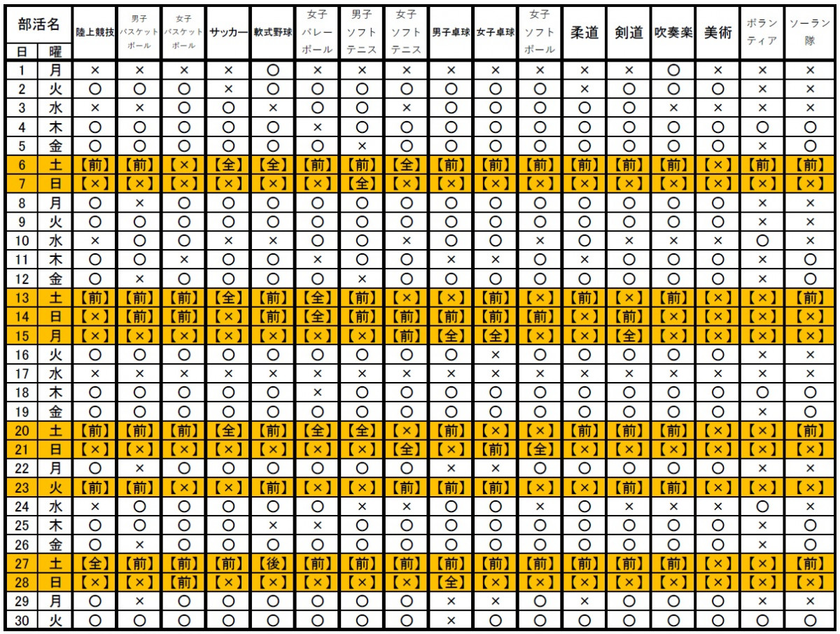 ９月部活動計画
